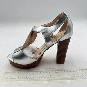 FSJ Silver Peep Open Toe T-Strap Front Zipper Chunky Stacked High Heel Sandal